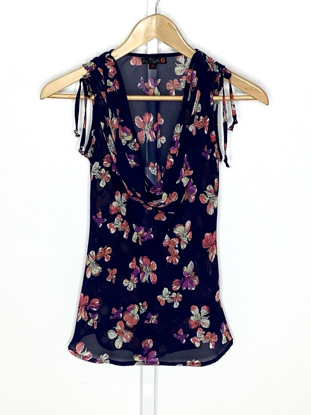 G by Guess | Y2K Navy/Pink/Purple Floral Sheer Wimsigoth Fairycore Blouse Sz XS
